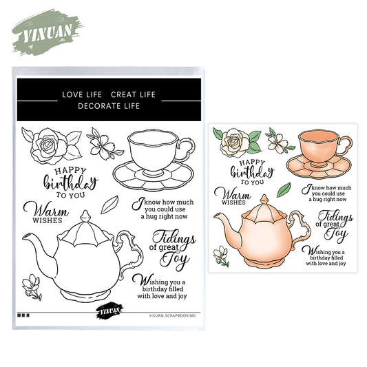 Vintage Flowers Tea Time And Tea Set Pot Cutting Dies And Stamp Set YX1253-S+D