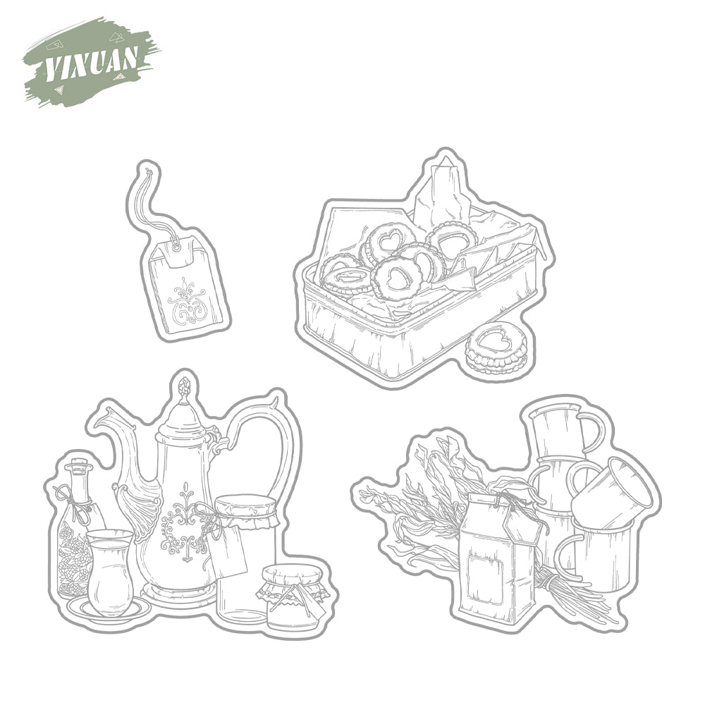 Vintage Tea Time Cups Set And Dessert Cutting Dies And Stamp Set YX1237-S+D