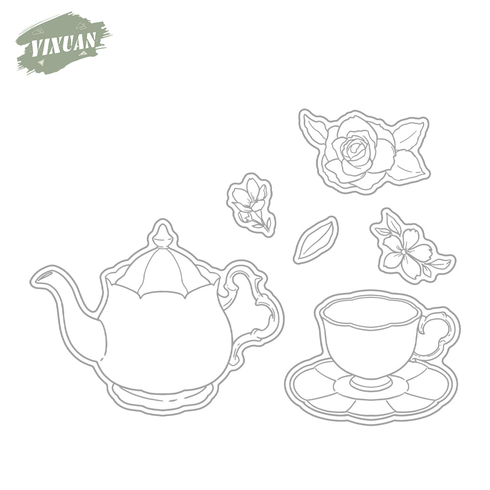 Vintage Flowers Tea Time And Tea Set Pot Cutting Dies And Stamp Set YX1253-S+D
