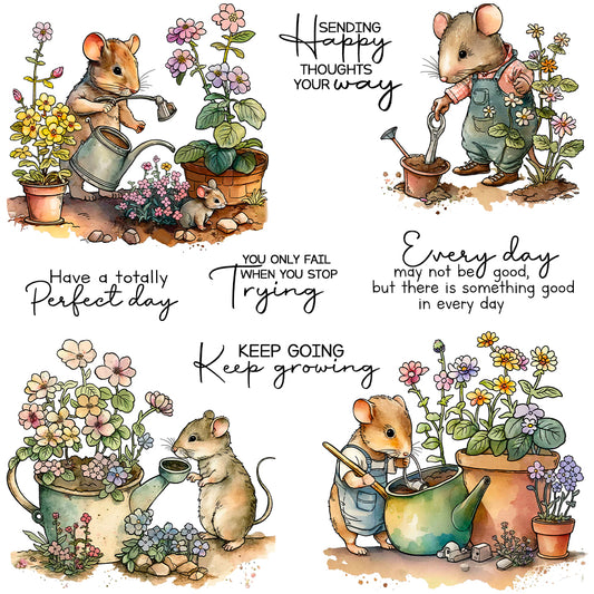 Cute Mouse Planting Flowers Garden Cutting Dies And Stamp Set YX1417-S+D