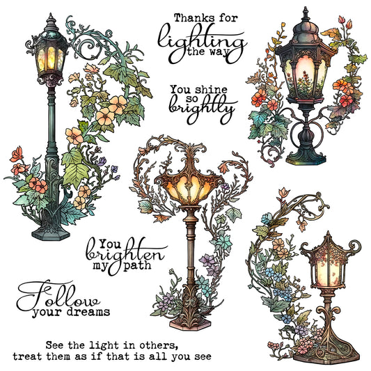 Vintage Street Lamp With Floral Decor Cutting Dies And Stamp Set YX1386-S+D