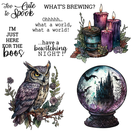 Magic Crystal Ball Owl And Candles Halloween Cutting Dies And Stamp Set YX1414-S+D