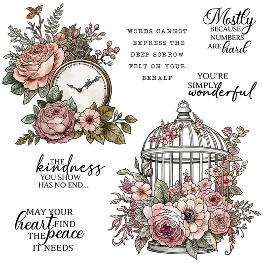 Roses Flowers Vintage Birdcage And Clock Cutting Dies And Stamp Set YX1419-S+D