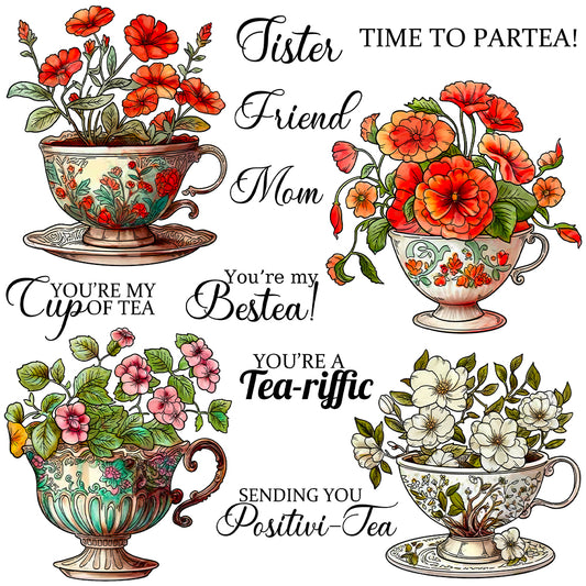 Blooming Flowers In Vintage Tea Cups Tea Time Cutting Dies And Stamp Set YX1382-S+D
