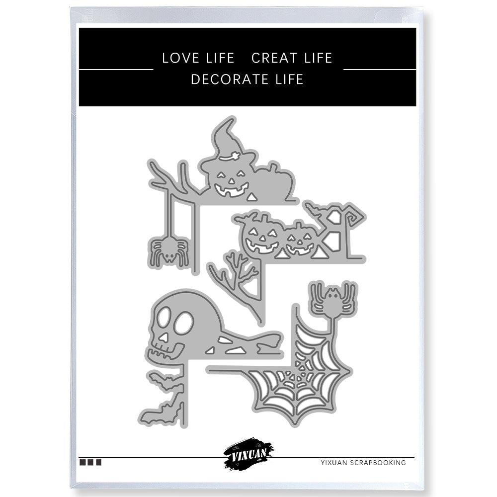 4PCs Skeleton Skull Pumpkin Spider Happy Halloween Mini Border Cutting Dies Set YX1380