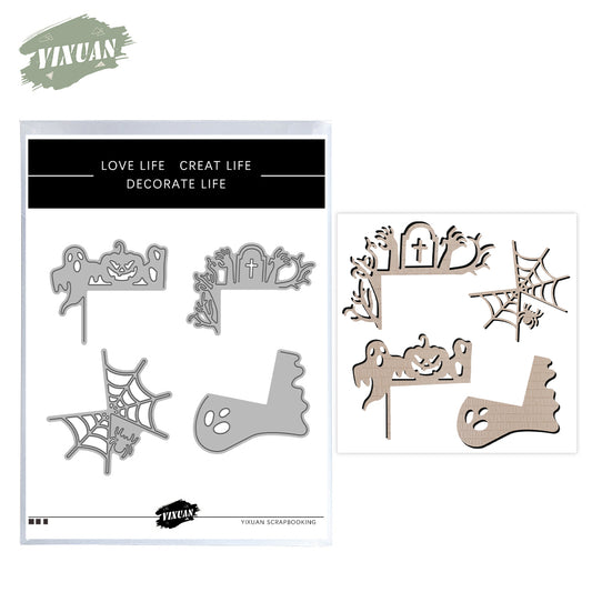 4PCs Happy Halloween Pumplin Grave Spider Ghost Border Cutting Dies Set YX1377