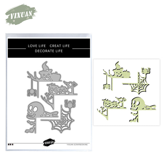4PCs Skeleton Skull Pumpkin Spider Happy Halloween Mini Border Cutting Dies Set YX1380