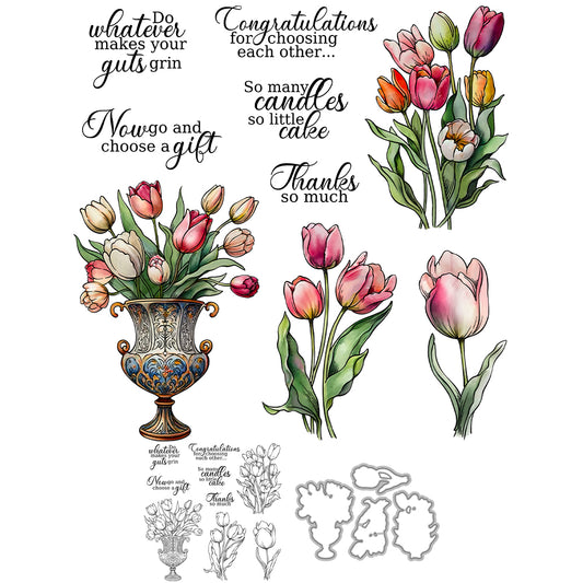 Vintage Vase Blooming Tulips Flowers Cutting Dies And Stamp Set YX1390-S+D