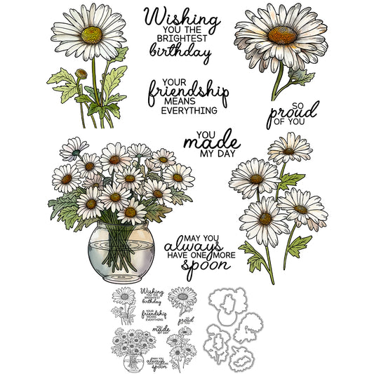 Blooming Daisy Flowers In Bottle Cutting Dies And Stamp Set YX1385-S+D
