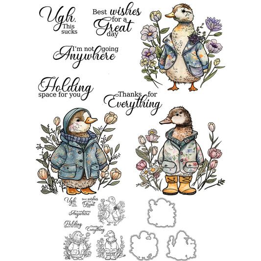 Winter Cute Ducks In Coats And Flowers Cutting Dies And Stamp Set YX1335-S+D