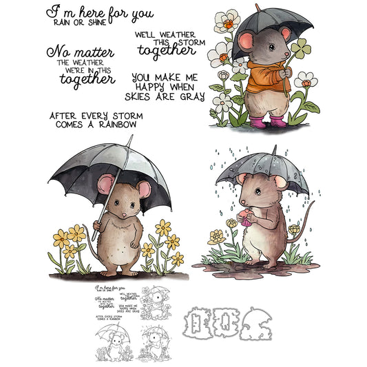 Cute Mouse And Floral In Rainy Day Cutting Dies And Stamp Set YX1421-S+D