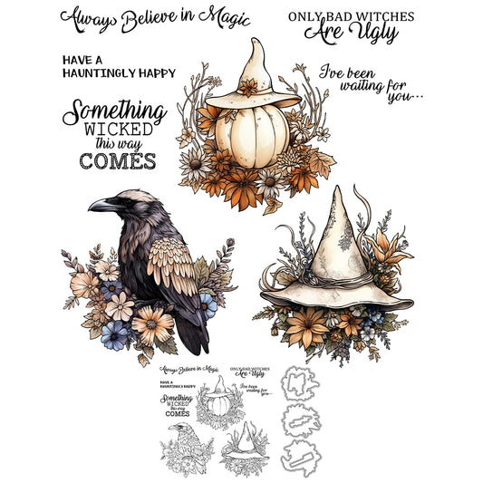 Halloween Pumpkin Crow Witches In Flowers Cutting Dies And Stamp Set YX1412-S+D