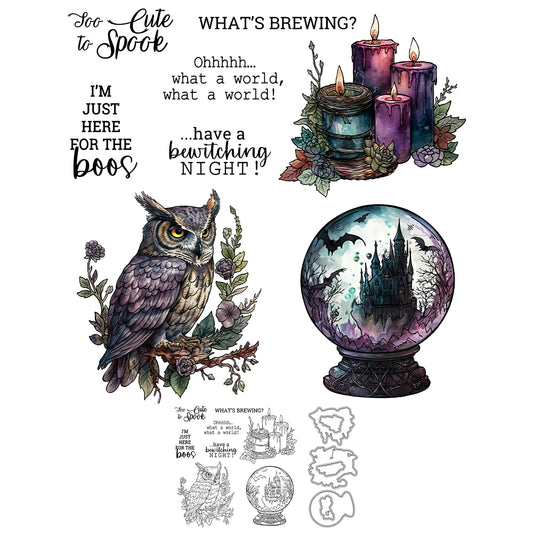 Magic Crystal Ball Owl And Candles Halloween Cutting Dies And Stamp Set YX1414-S+D