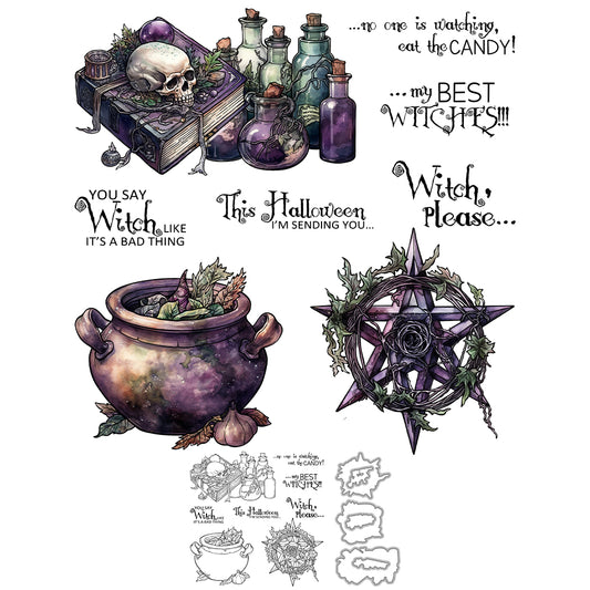 Happy Halloween Chemical Magical Skull Witch Cutting Dies And Stamp Set YX1411-S+D