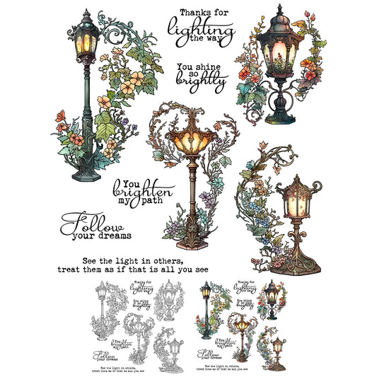 Vintage Street Lamp With Floral Decor Cutting Dies And Stamp Set YX1386-S+D