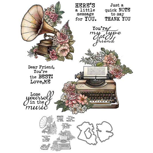 Vintage Typewriter Phonograph And Flowers Cutting Dies And Stamp Set YX1336-S+D