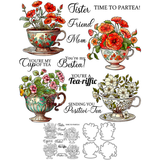 Blooming Flowers In Vintage Tea Cups Tea Time Cutting Dies And Stamp Set YX1382-S+D