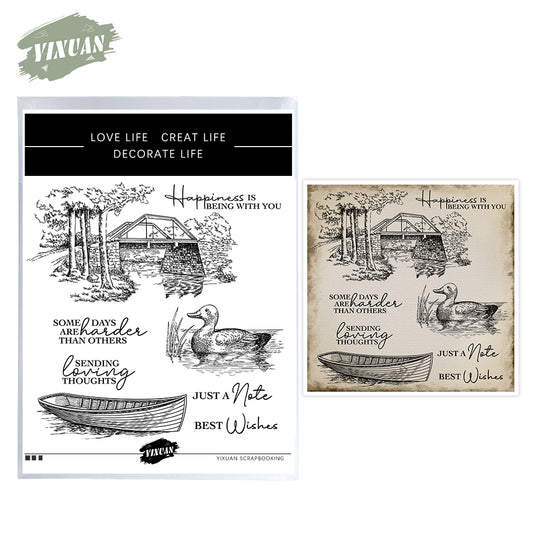 Bridge Boat Duck In The River Vintage Clear Stamp YX1195