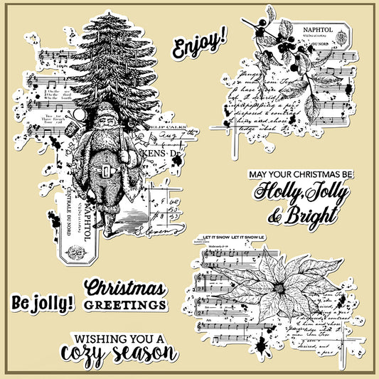 Retro Christmas Tree Santa Clause And Flowers Clear Stamp YX786