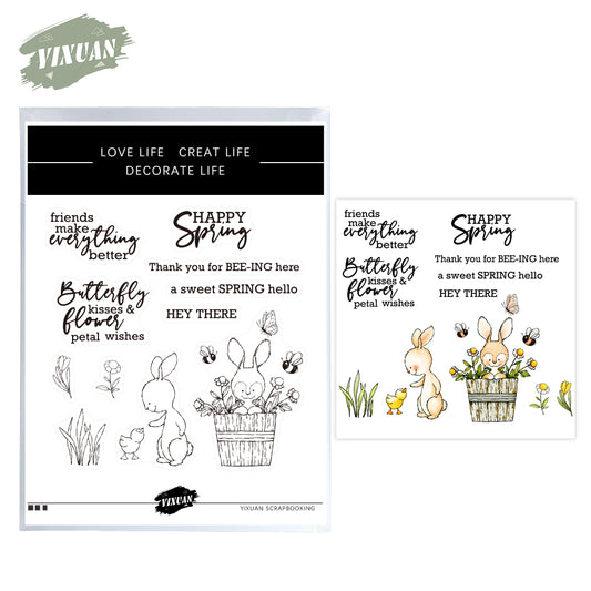 Kawaii Easter Rabbits And Chickens Spring Floral Cutting Dies And Stamp Set YX896-S+D