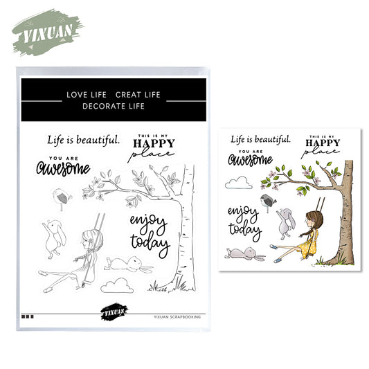 Girls And Rabbit Birds Enjoy Life Cutting Dies And Stamp Set YX506-S+D