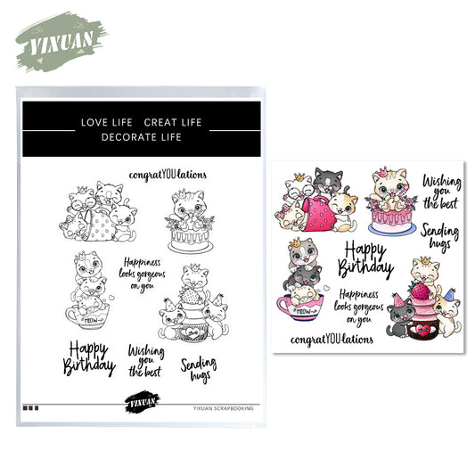 Cute Cats kitty & Cake Happy Birthday Cutting Dies And Stamp Set YX573-S+D