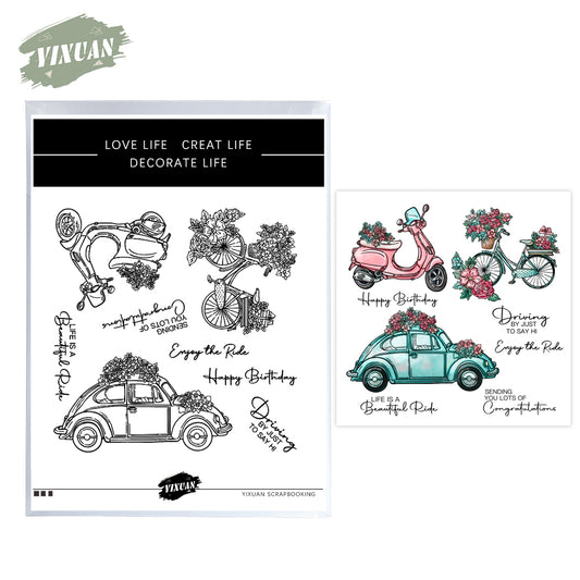 Spring Flowers And Cars Bicycle Motorcycle Cutting Dies And Stamp Set YX1084-S+D