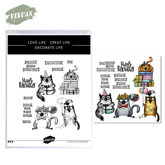 Happy Birthday Funny Cats And Gift Boxes Cutting Dies And Stamp Set YX855-S+D