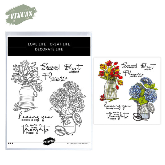 Spring Series Blooming Flowers In Vase Cutting Dies And Stamp Set YX1147-S+D