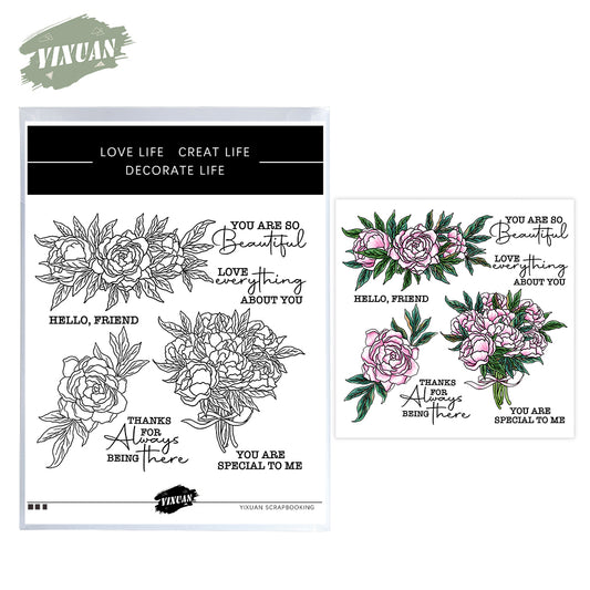 Spring Blooming Peony Flowers And Leaves Cutting Dies And Stamp Set YX1198-S+D