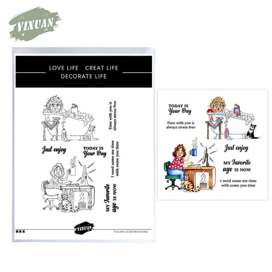 Old Lady And Pet Cat Relax Life Cutting Dies And Stamp Set YX1087-S+D