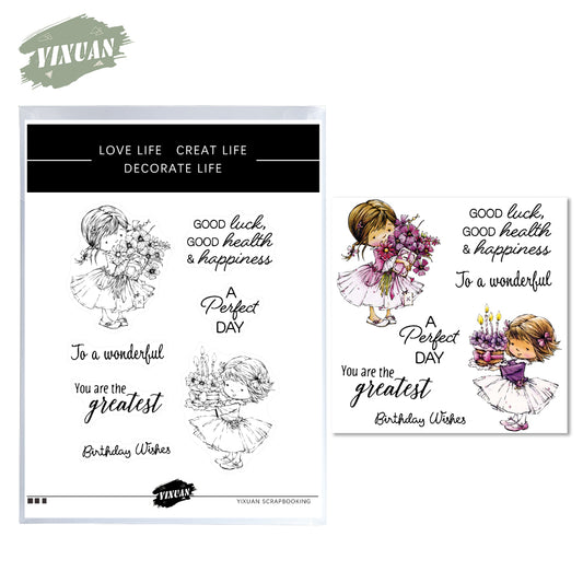 Little Girl Flowers And Cake Happy Bithday Cutting Dies And Stamp Set YX654-S+D