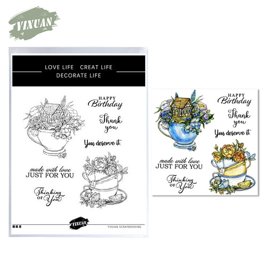 Vintage Flowers In Cups Plates Cutting Dies And Stamp Set YX764-S+D