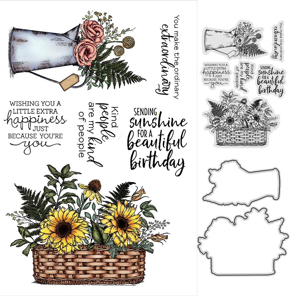 Gardening Potted And Glass Of Flowers Cutting Dies And Stamp Set YX356-S+D