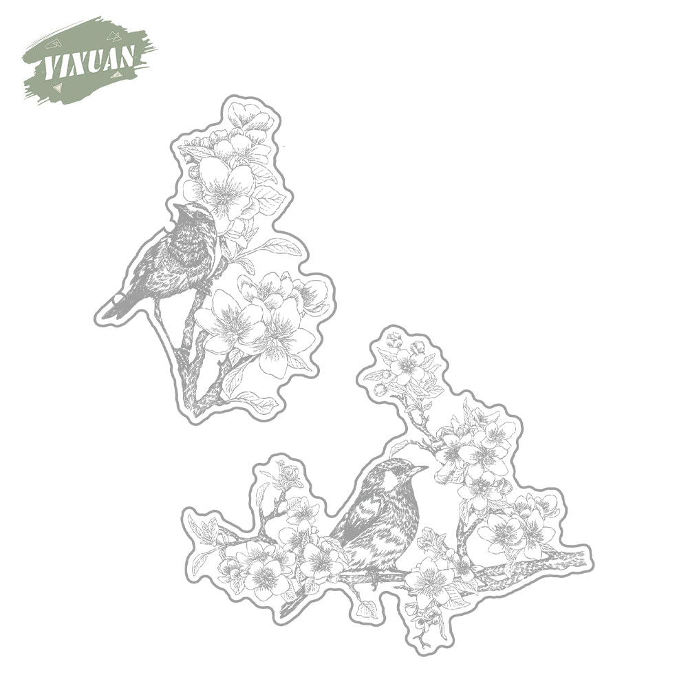 Spring Peach Flowers And Sparrow Bird Cutting Dies And Stamp Set YX1197-S+D