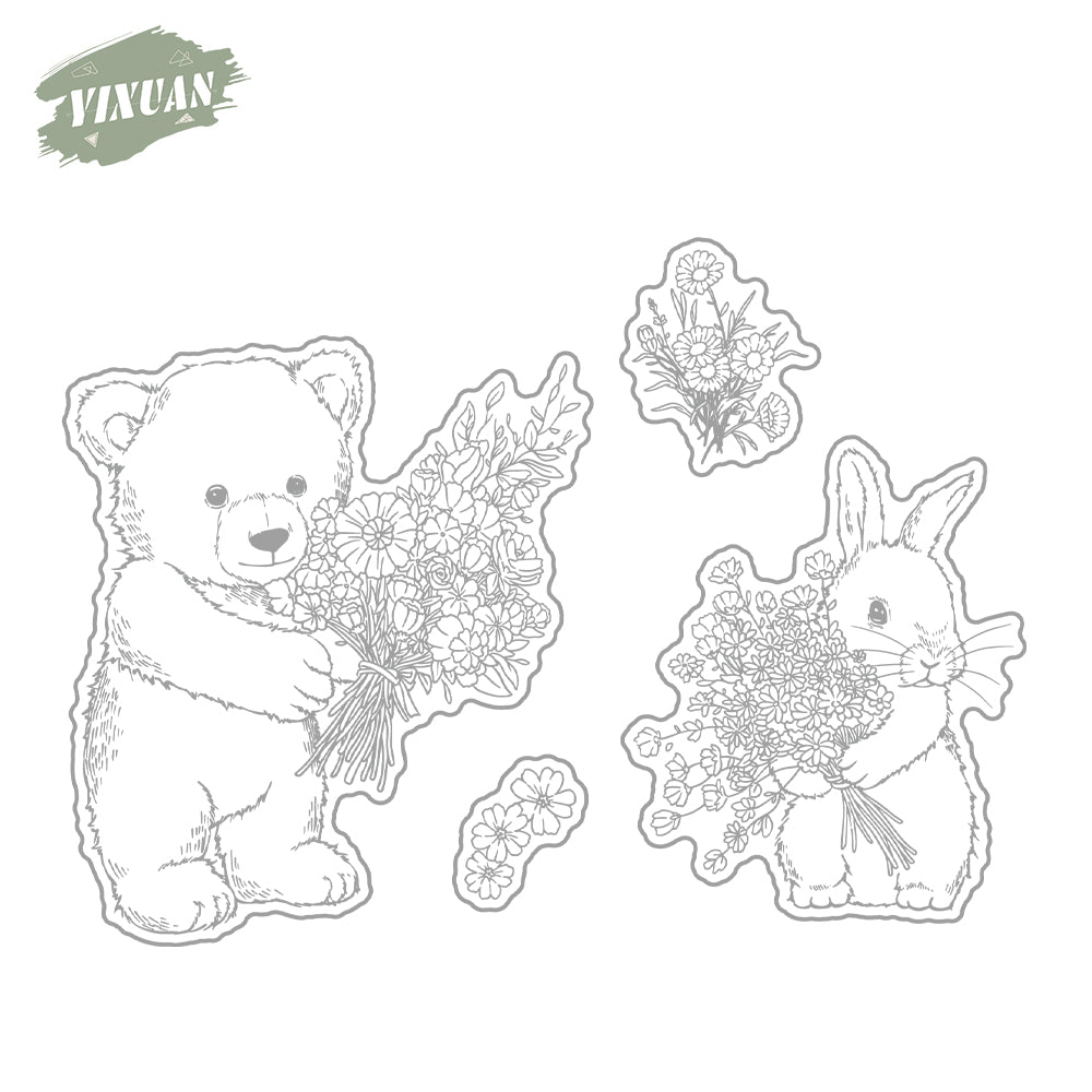 Cute Doll Bear Rabbit And Blooming Flowers Cutting Dies And Stamp Set YX1186-S+D