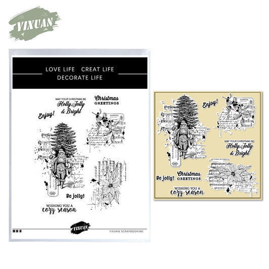 Retro Christmas Tree Santa Clause And Flowers Clear Stamp YX786