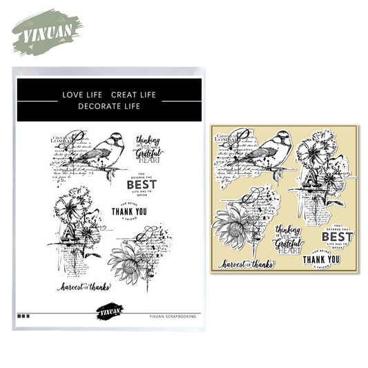 Retro Autumn Sparrow Bird And Flowers Clear Stamp YX787