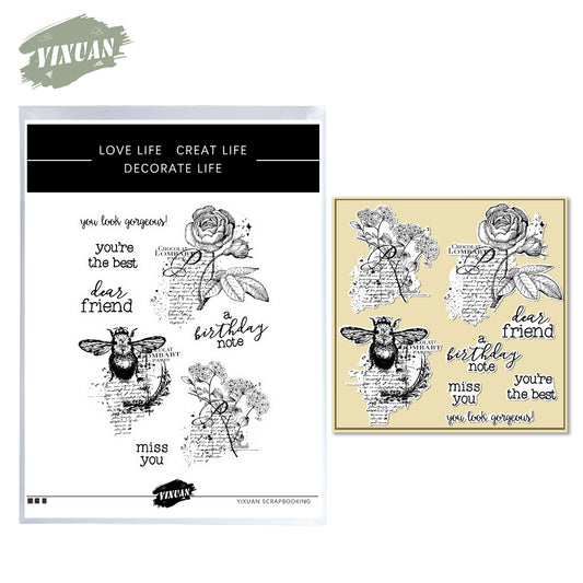 Vintage Busy Bees And Flowers Clear Stamp YX788