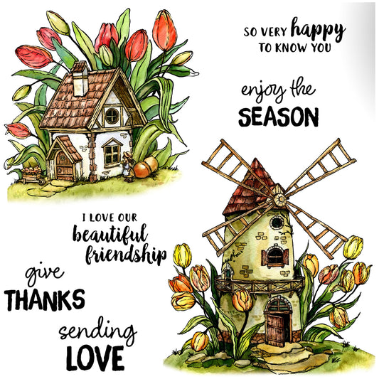 Vintage Country Cottage In Tulip Cutting Dies And Stamp Set YX765-S+D