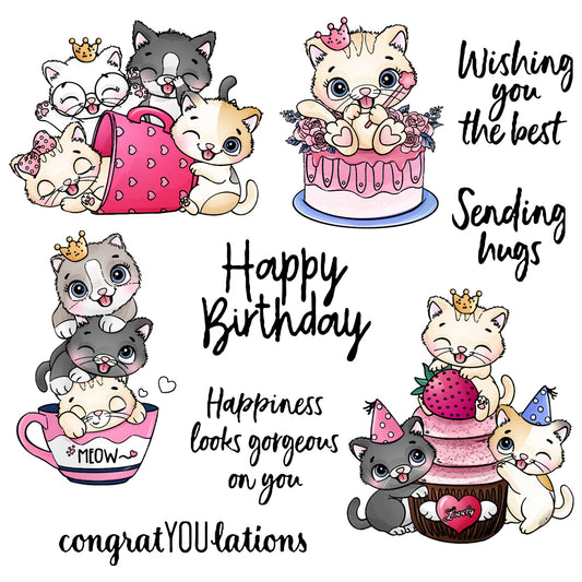 Cute Cats kitty & Cake Happy Birthday Cutting Dies And Stamp Set YX573-S+D