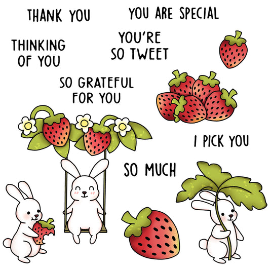 Sweety Cartoon Rabbits And Strawebrry Cutting Dies And Stamp Set YX672-S+D