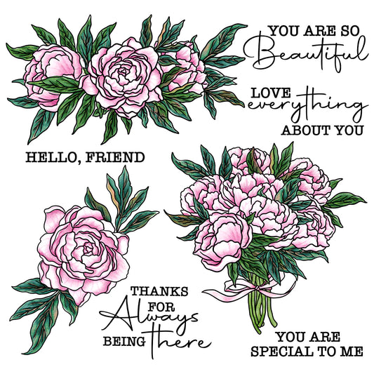 Spring Blooming Peony Flowers And Leaves Cutting Dies And Stamp Set YX1198-S+D