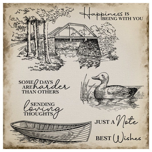 Bridge Boat Duck In The River Vintage Clear Stamp YX1195