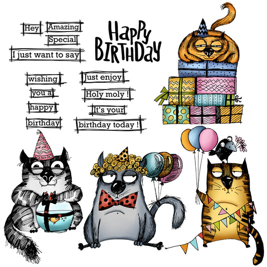 Happy Birthday Funny Cats And Gift Boxes Cutting Dies And Stamp Set YX855-S+D