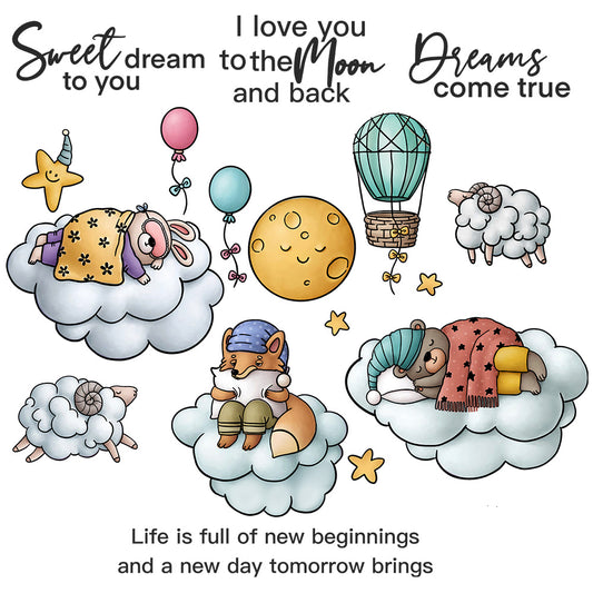 Cute Sleeping Animals On Cloud Beds Cutting Dies And Stamp Set YX875-S+D