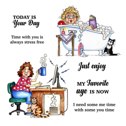 Old Lady And Pet Cat Relax Life Cutting Dies And Stamp Set YX1087-S+D