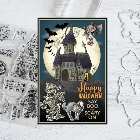 Pumpkin Ghost Castle Happy Halloween Cutting Dies And Stamp Set YX770-S+D