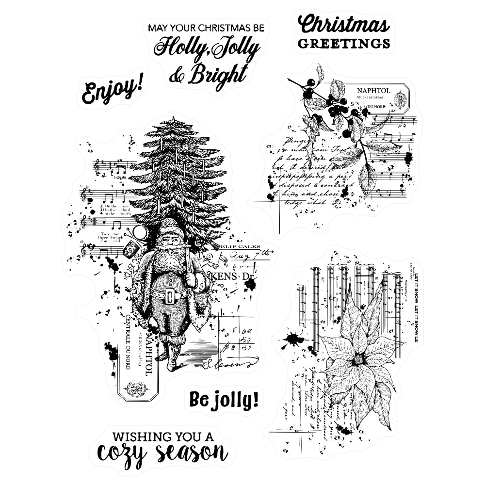 Retro Christmas Tree Santa Clause And Flowers Clear Stamp YX786