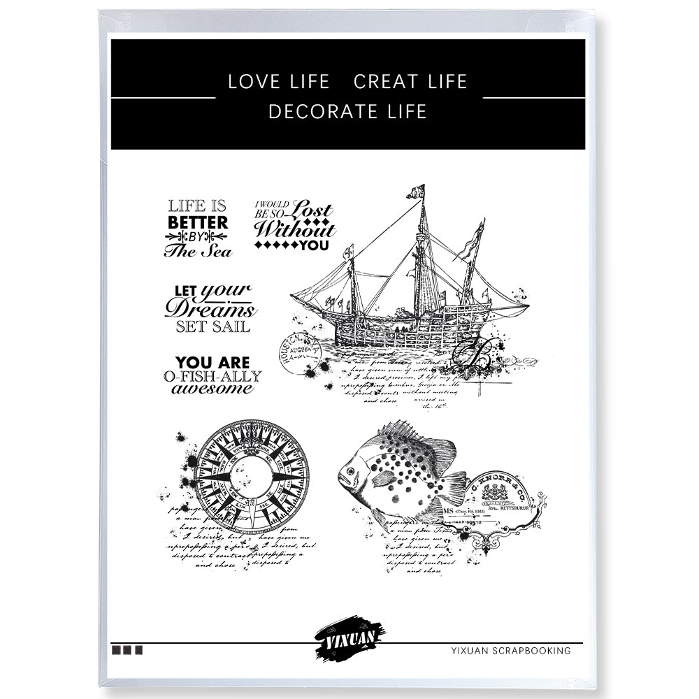 Vintage Compass Sea Sail Boat And Fish Clear Stamp YX1102